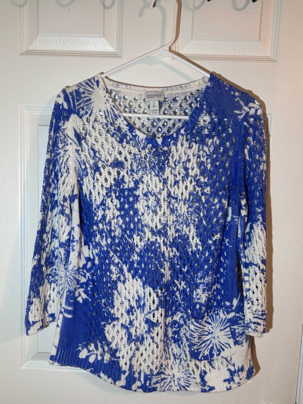 Chico Zenergy Coastal Boho Open-Knit White & Blue 3/4 Sleeve Sweater Sz L